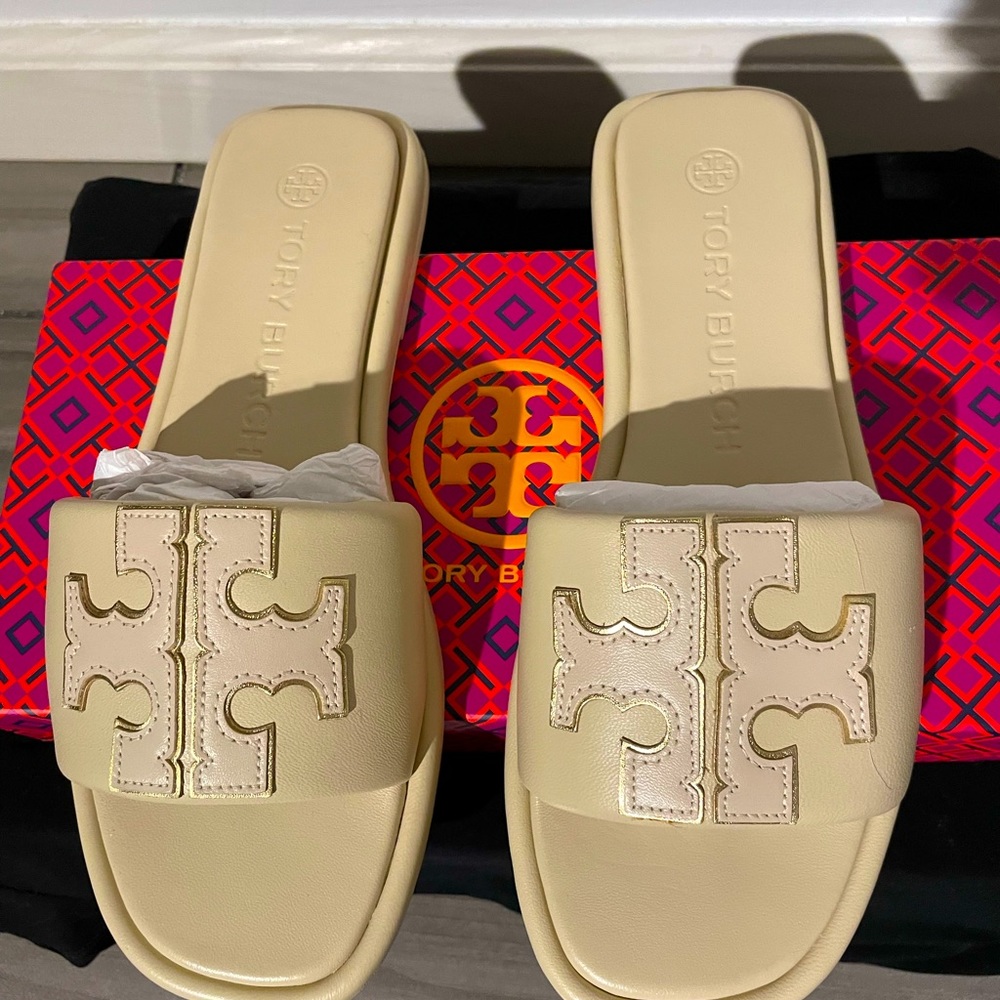 Tory Burch Leather Sport Slides Cream-Gold Color